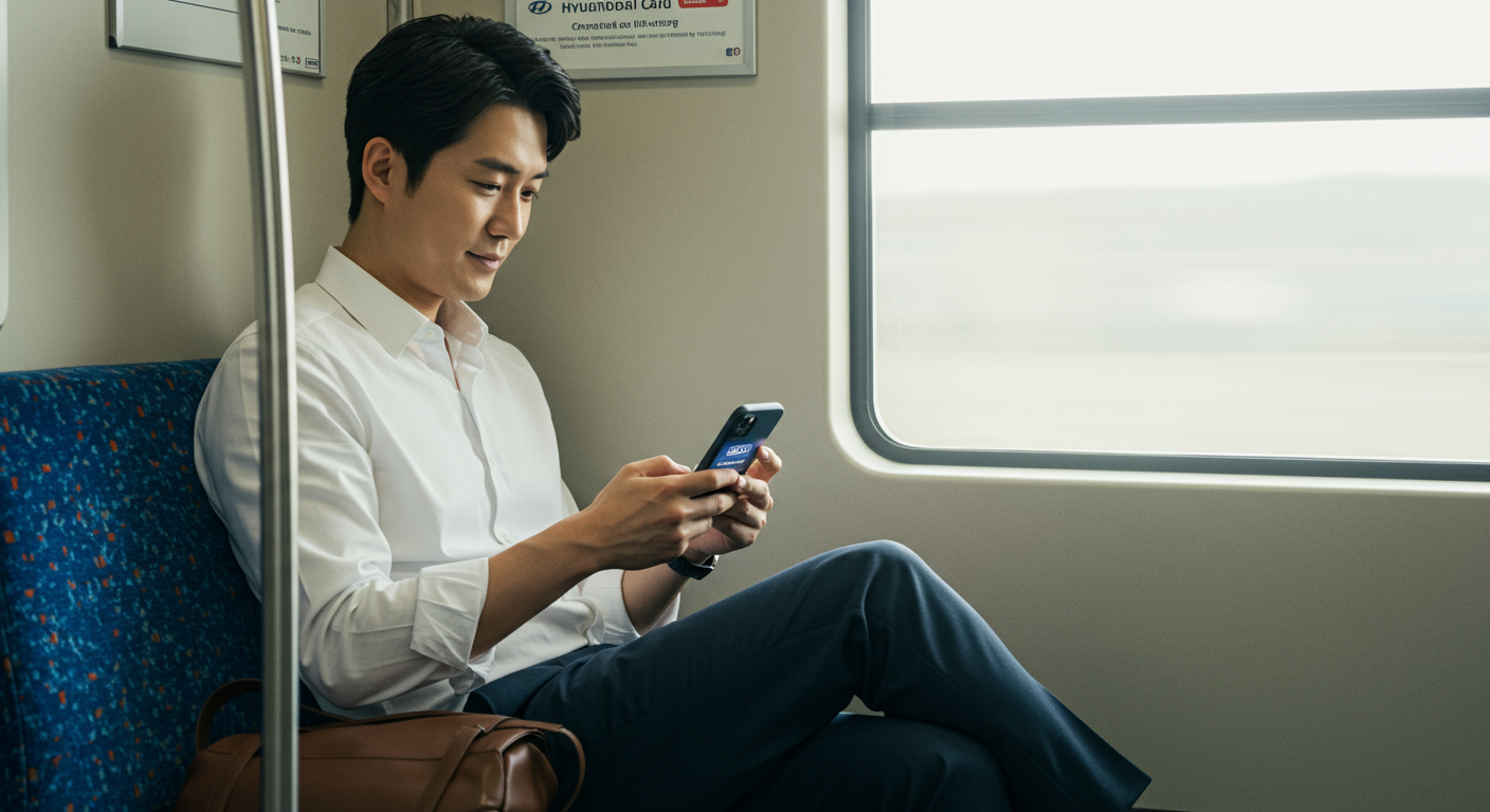 기차 안에서 현대카드 자동 충전 기능을 확인하는 승객의 편안한 모습