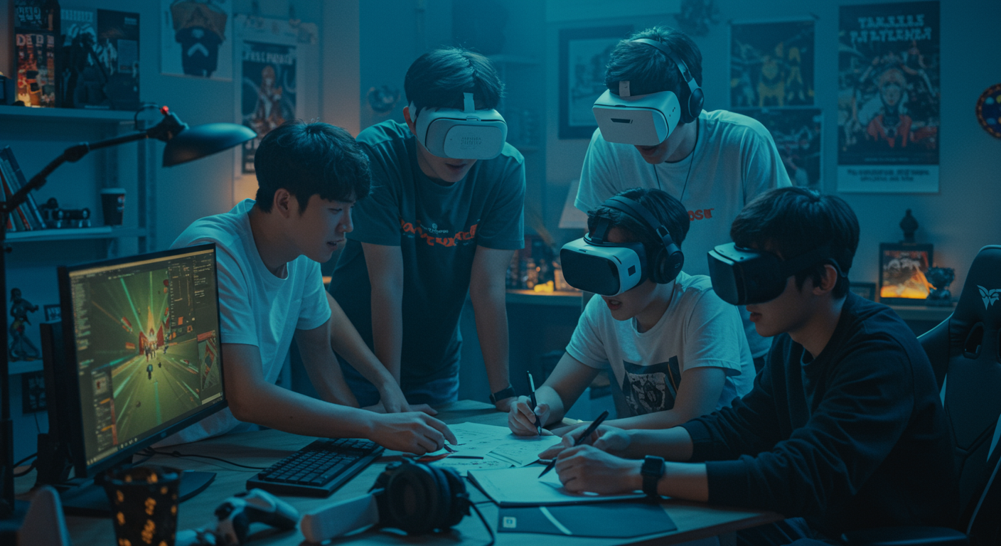 아늑한 게임룸에서 전략을 논의하는 젊은 게이머들