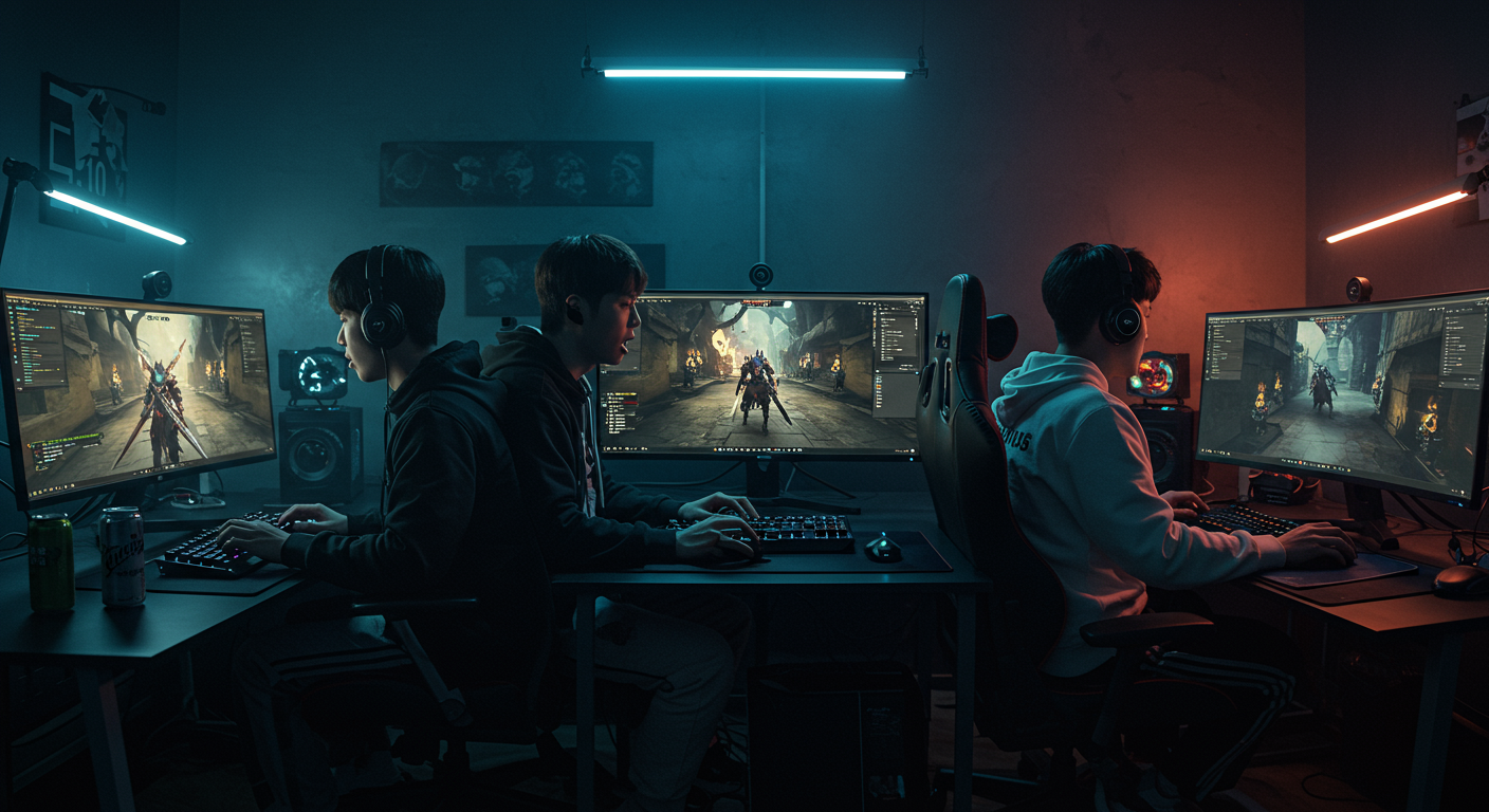 어두운 방에서 여러 대의 스크린을 통해 다크 판타지 RPG 게임을 즐기는 현대 게이머들의 모습