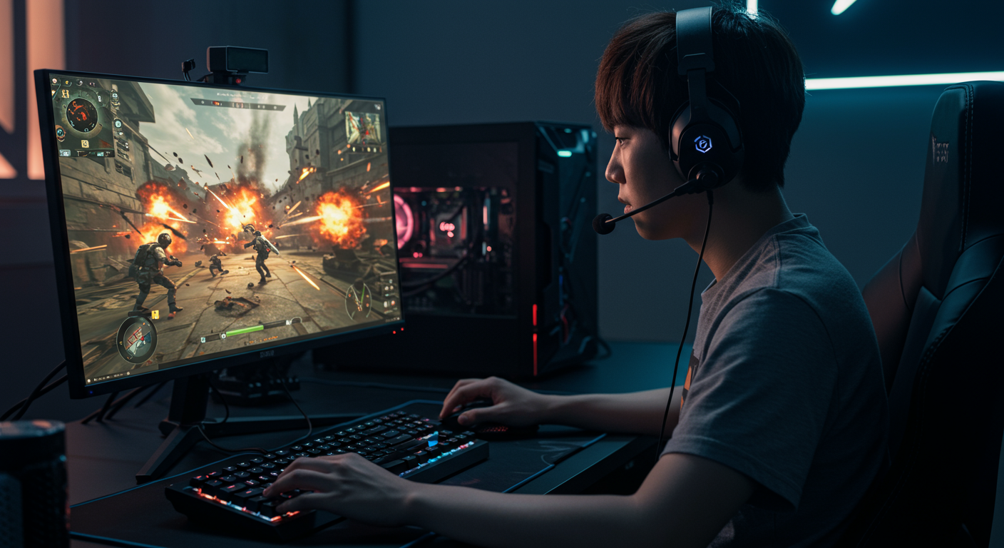 한국 게이머가 고성능 장비로 몰입감 넘치는 PvE 게임을 즐기는 모습
