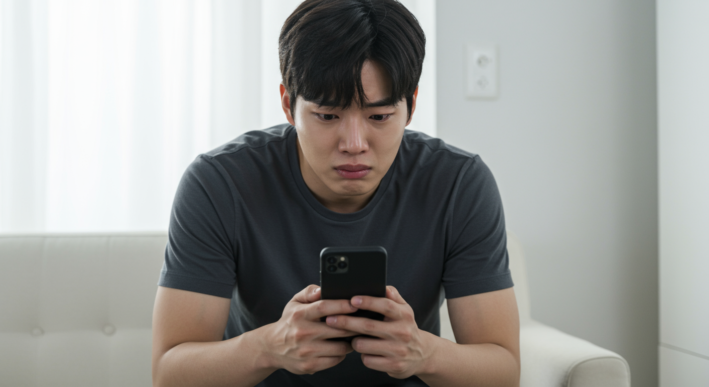 스마트폰으로 소셜 미디어에 몰두하며 복잡한 감정을 드러내는 한국인