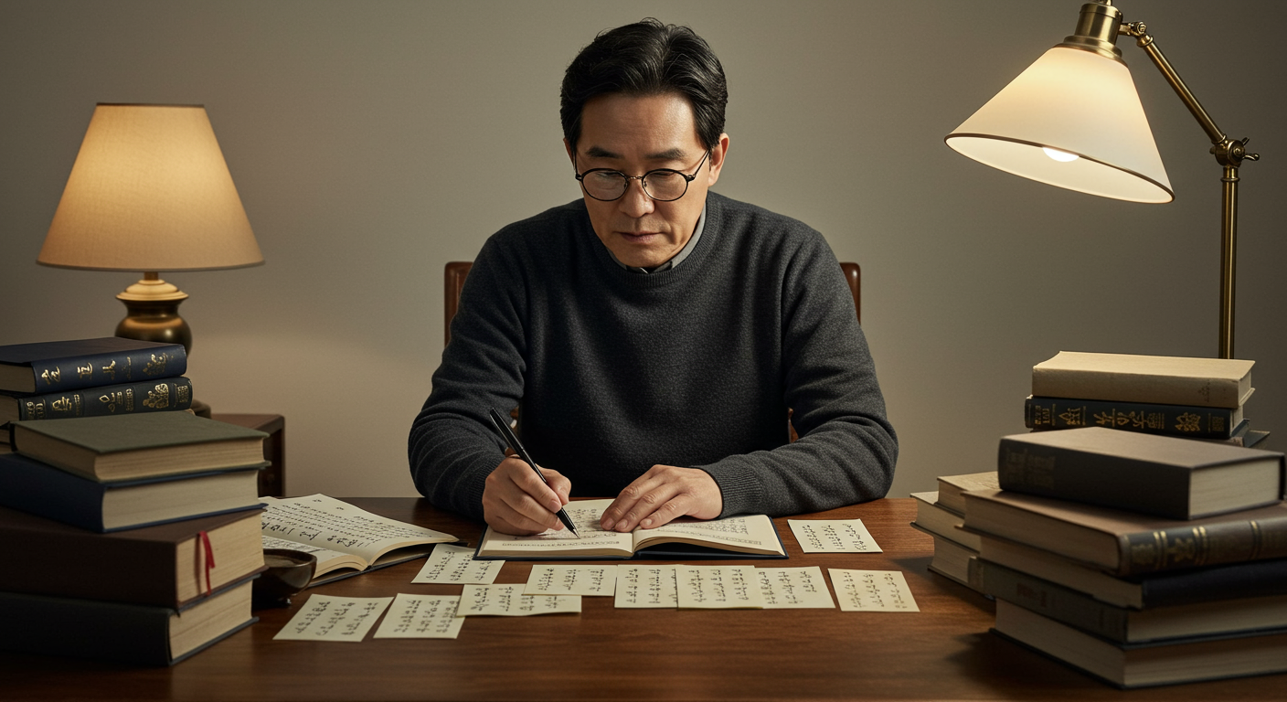 책상에서 삶과 죽음을 능동적으로 성찰하는 철학자의 모습
