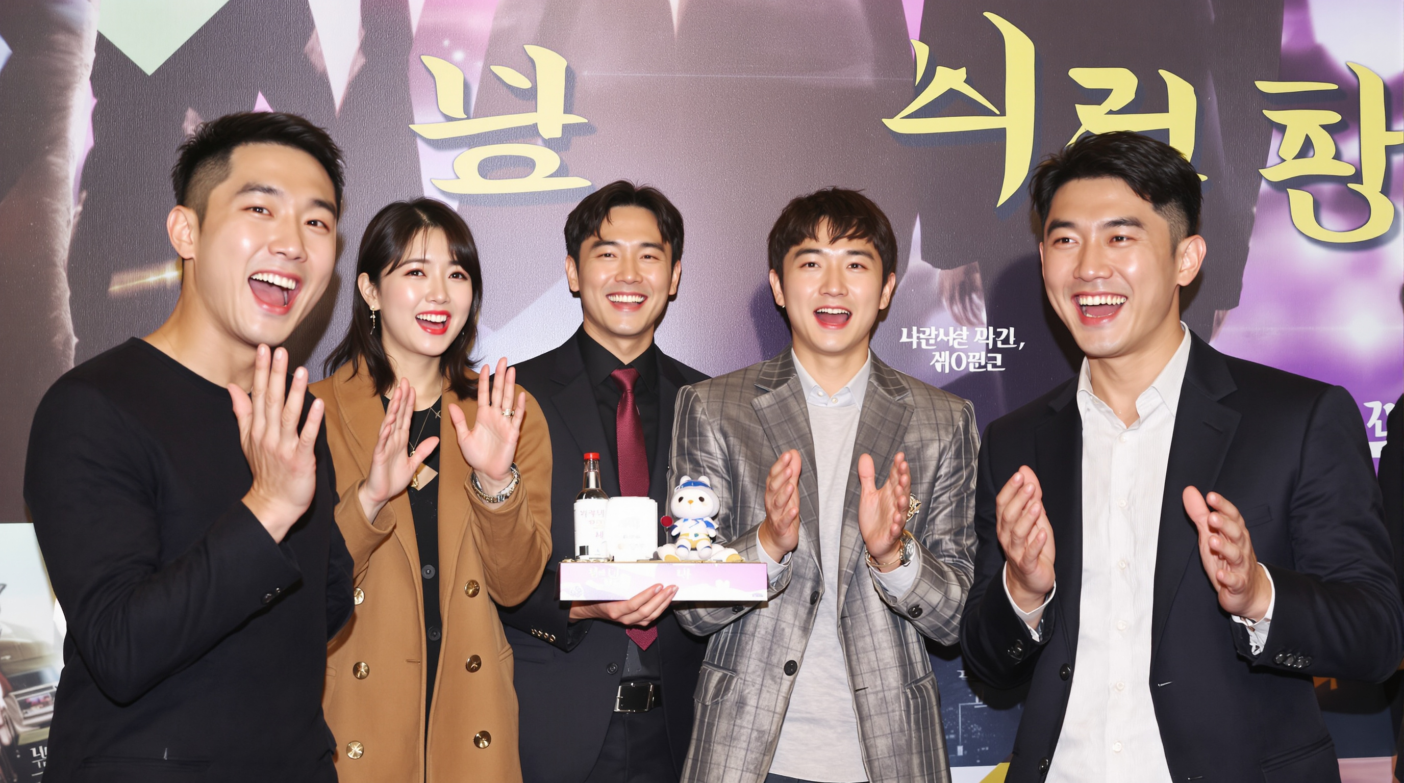 황정민과 정성화 등 배우들이 뮤지컬 캐스팅 발표 기자회견에서 기뻐하는 모습