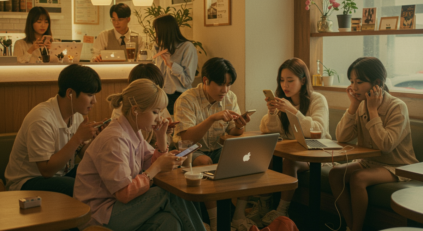 세련된 카페에서 스마트폰과 노트북으로 시티팝 음악을 즐기는 젊은이들