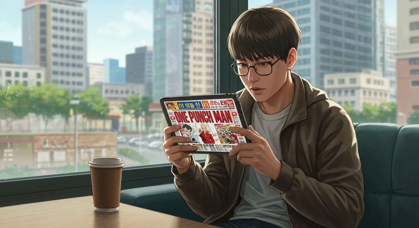 현대적인 카페에서 태블릿으로 원펀맨 최신 뉴스를 읽고 있는 애니메이션 팬의 모습