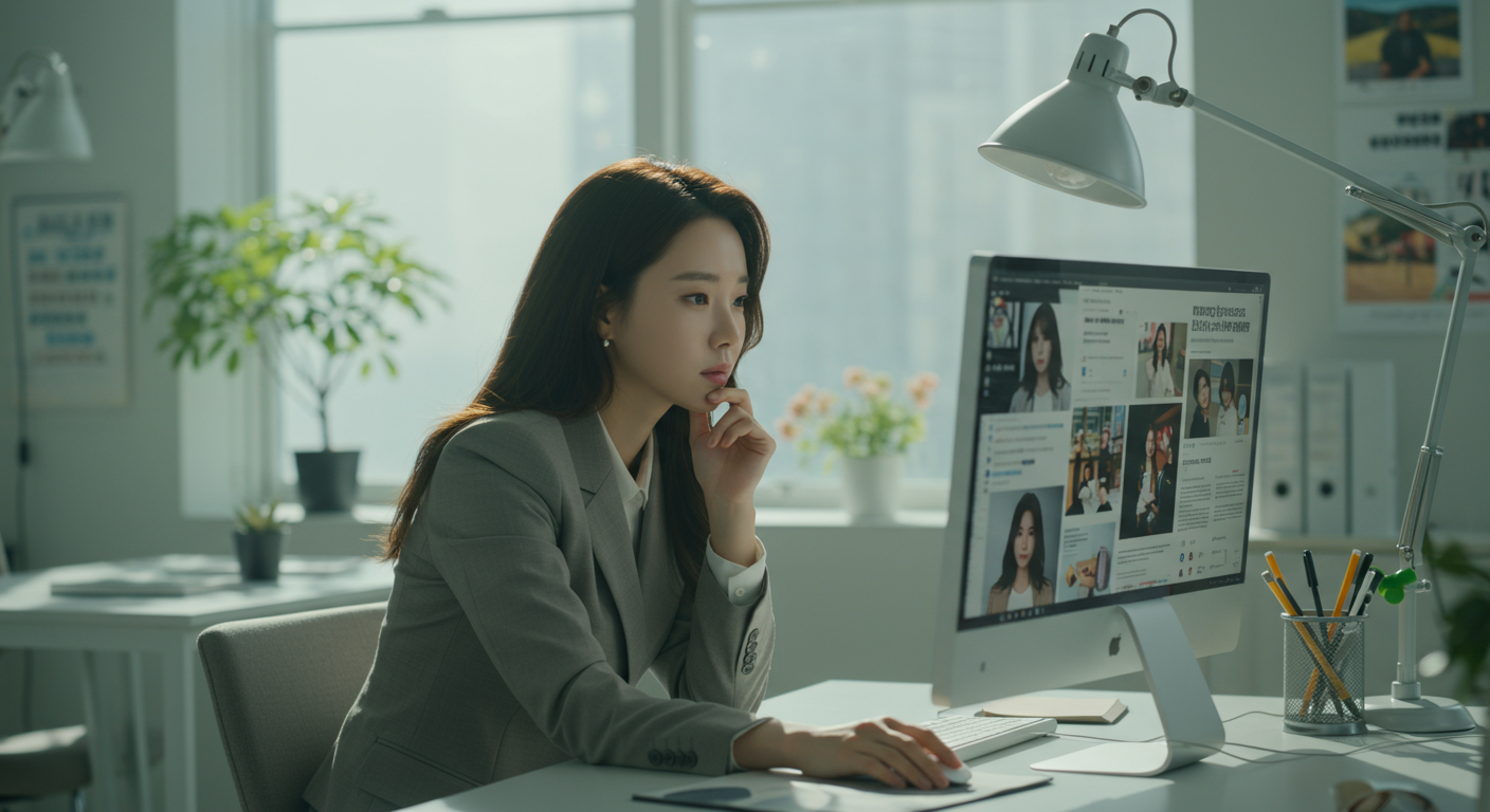 사무실에서 컴퓨터 화면에 떠 있는 여러 소셜 미디어 및 뉴스 기사를 보는 여성