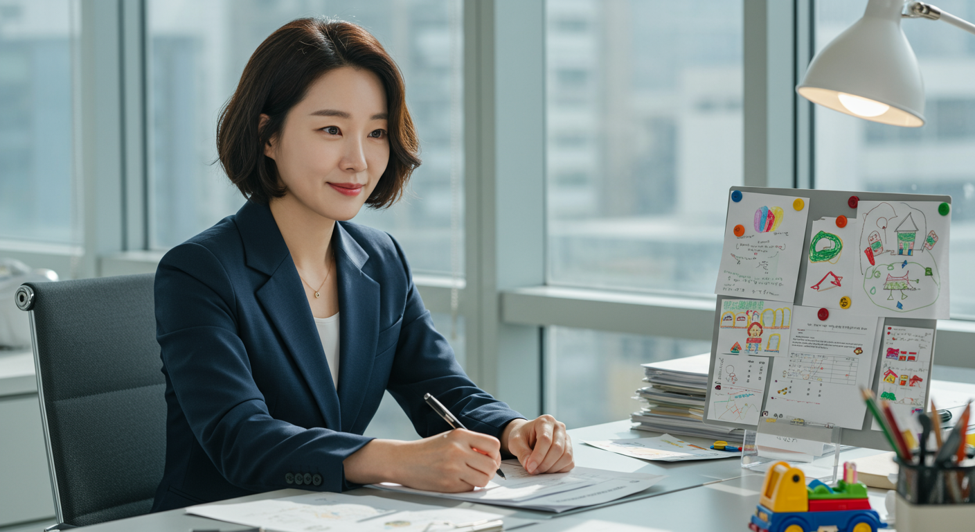 일과 가정 생활을 병행하는 전문직 여성이 책상 앞에 앉아 있는 모습