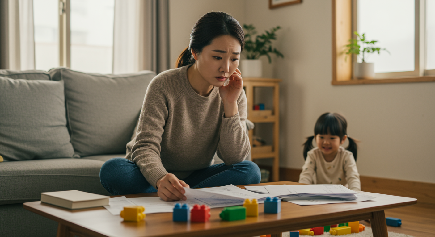 거실에서 걱정스러운 표정으로 재정 서류를 검토하는 싱글맘