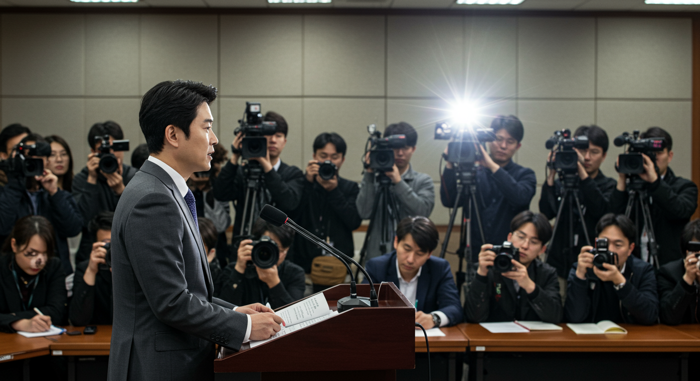 기자회견에서 공식 성명을 발표하는 한국 변호사의 모습