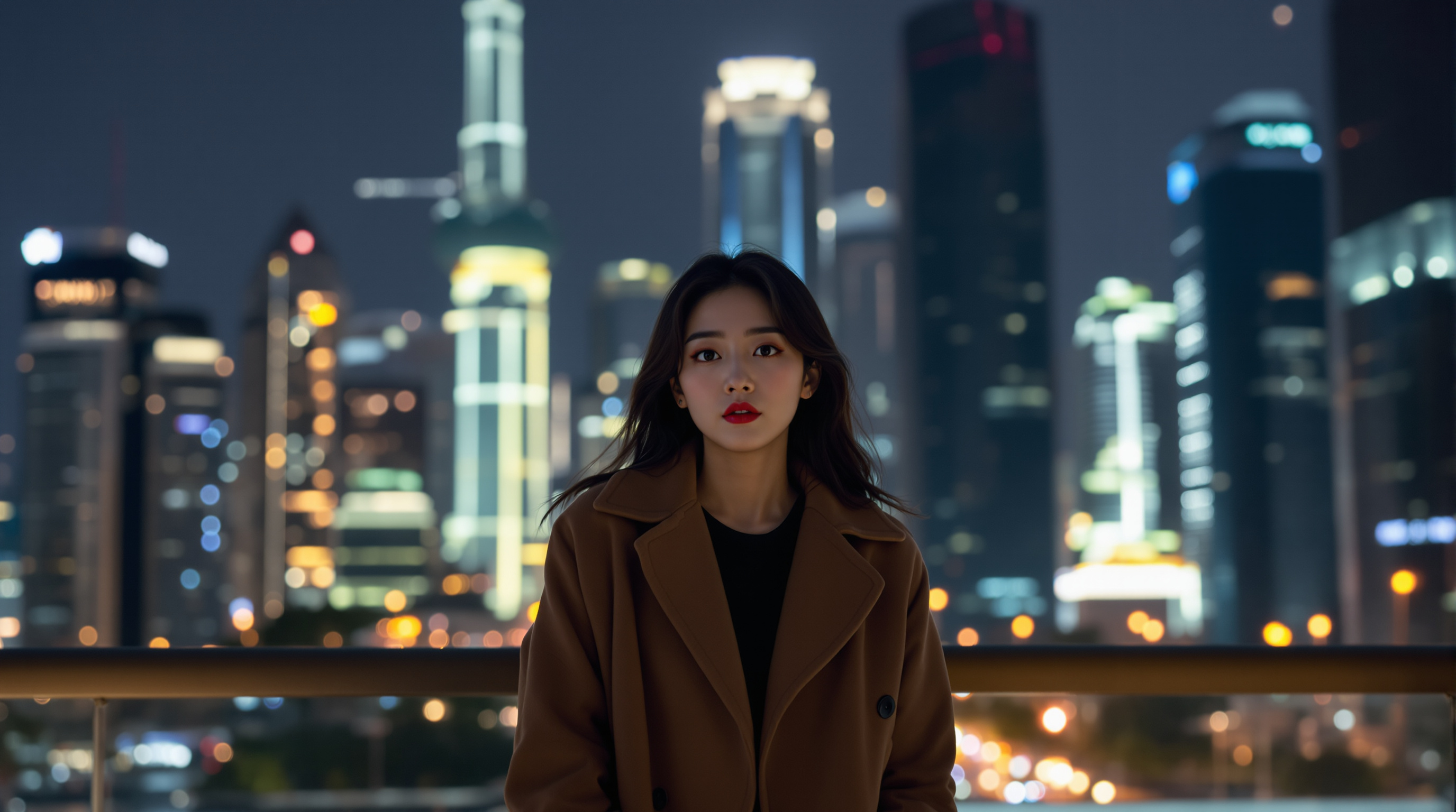 현대 도시 야경 앞에서 자부심 넘치는 모습의 여배우