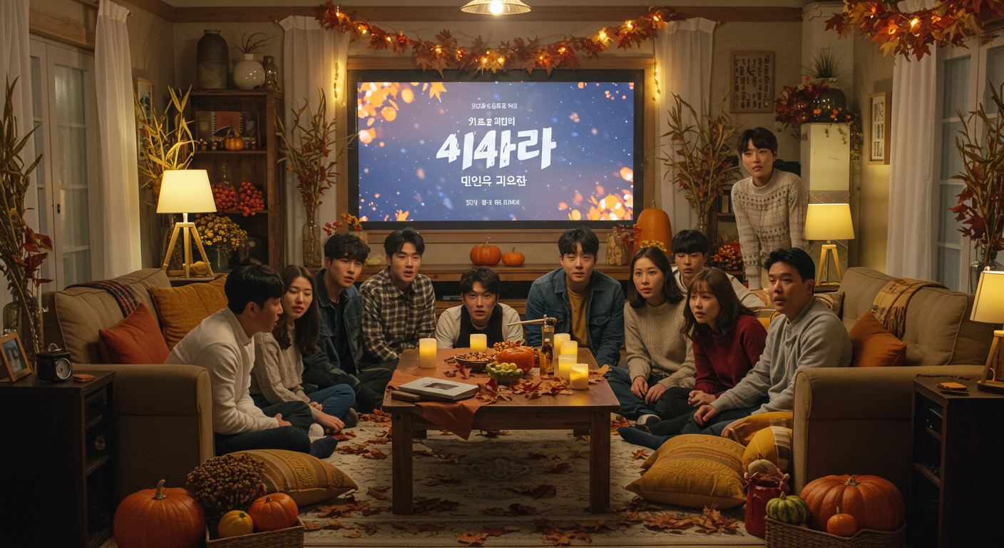 가을 분위기의 거실에서 TV로 환승연애4를 기다리는 모습