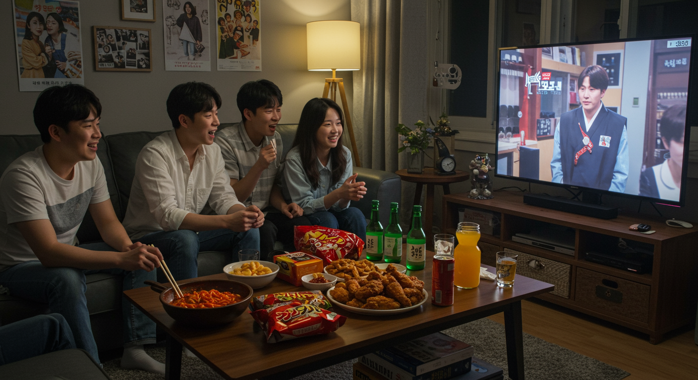 퇴근 후 편안한 집에서 간식을 먹으며 TV를 시청하는 직장인과 학생들