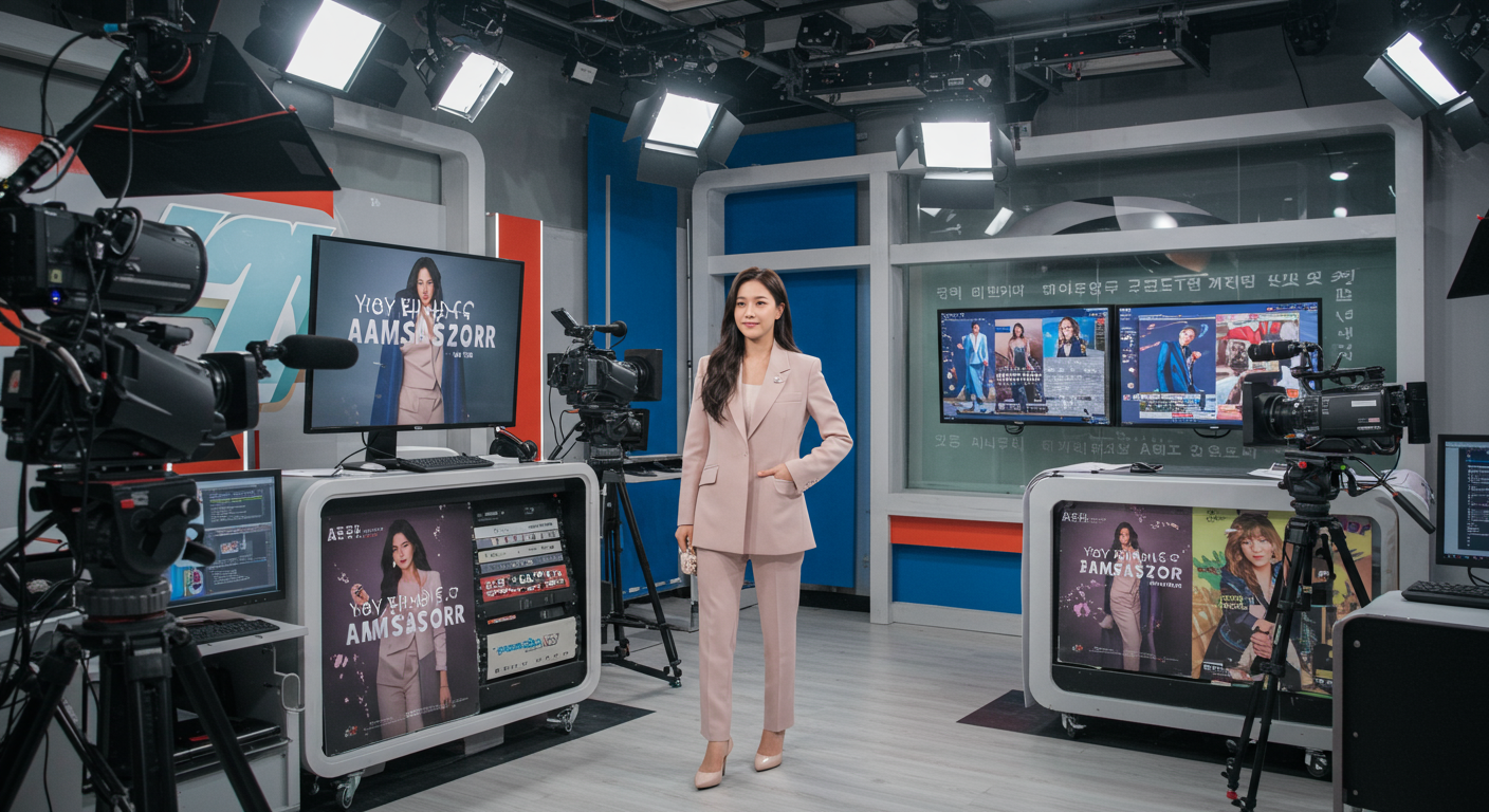 현대적인 방송 스튜디오에서 우아한 의상을 입고 있는 여성 가수이자 홍보대사의 모습