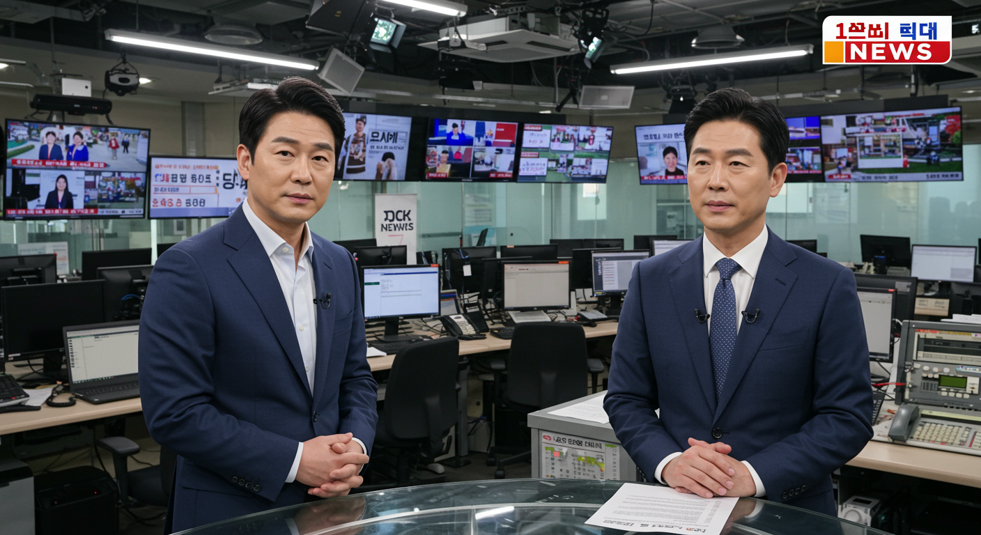 활기찬 뉴스룸에서 지역 뉴스를 전하는 한국인 TV 진행자의 모습