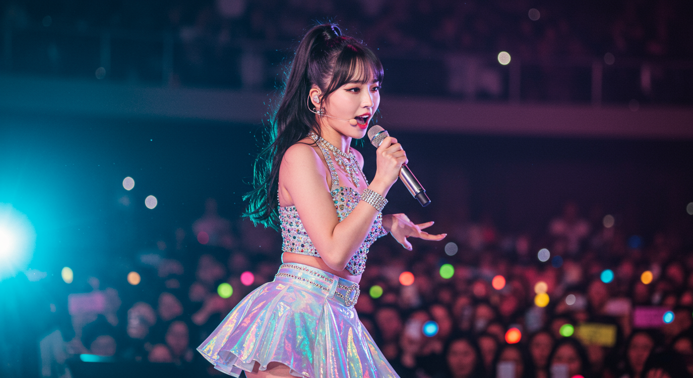 무대 위에서 라이브 콘서트를 여는 한국 팝 가수의 생동감 넘치는 장면