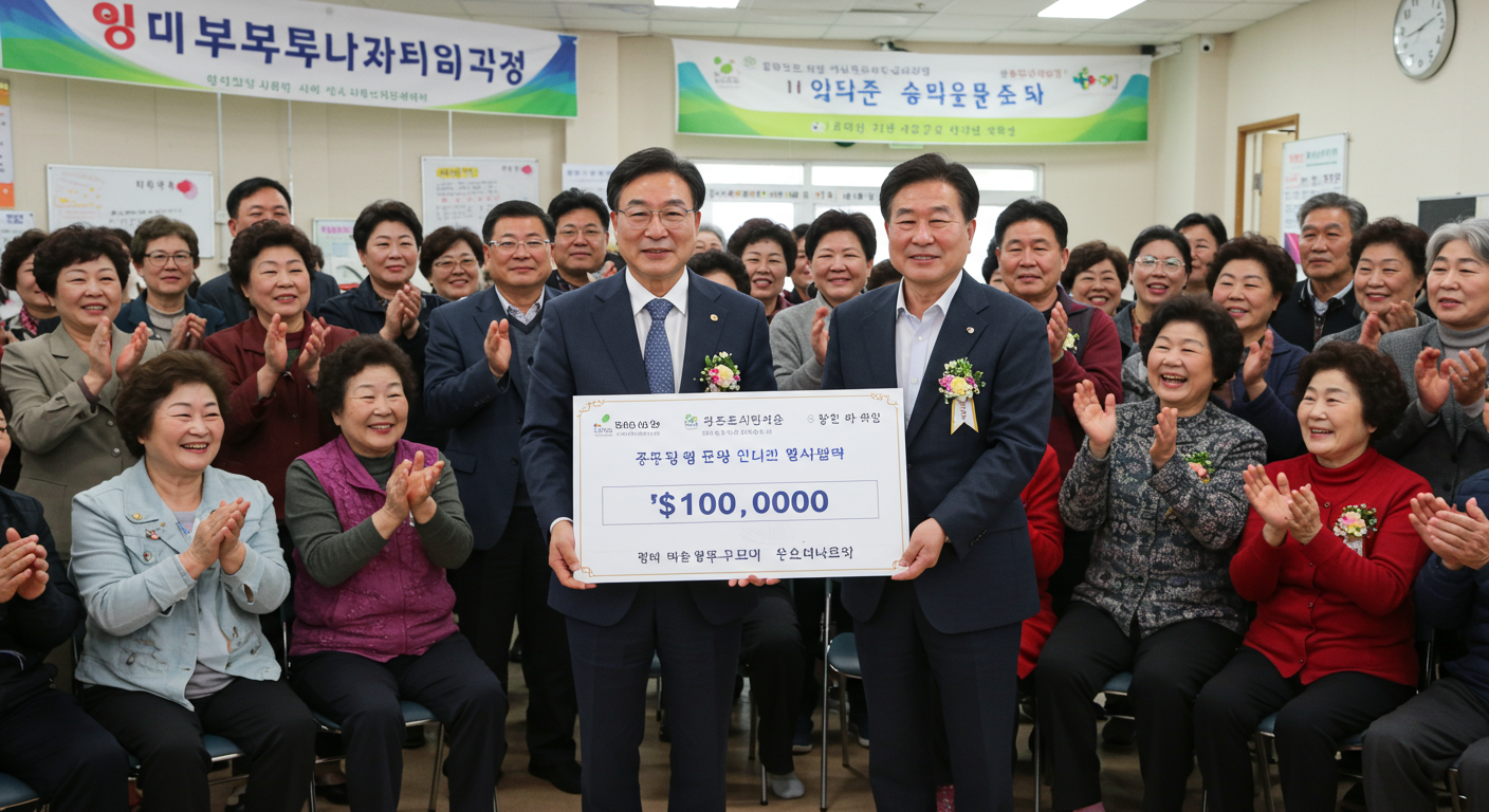 지역 주민들이 박수를 보내는 가운데 기부금을 전달하는 한국인 자선가의 모습