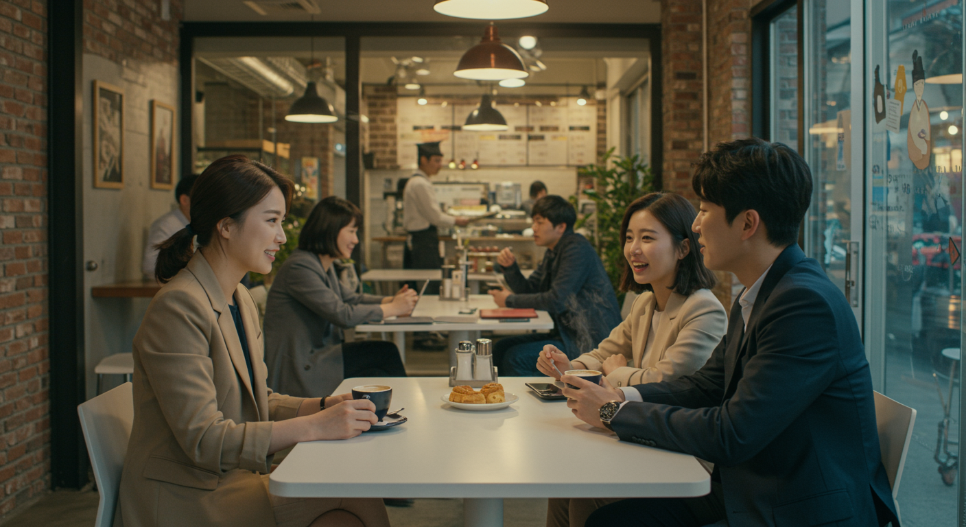 서울의 트렌디한 카페에서 새롭게 방영된 역사 드라마에 대해 커피를 마시며 이야기하는 직장인들