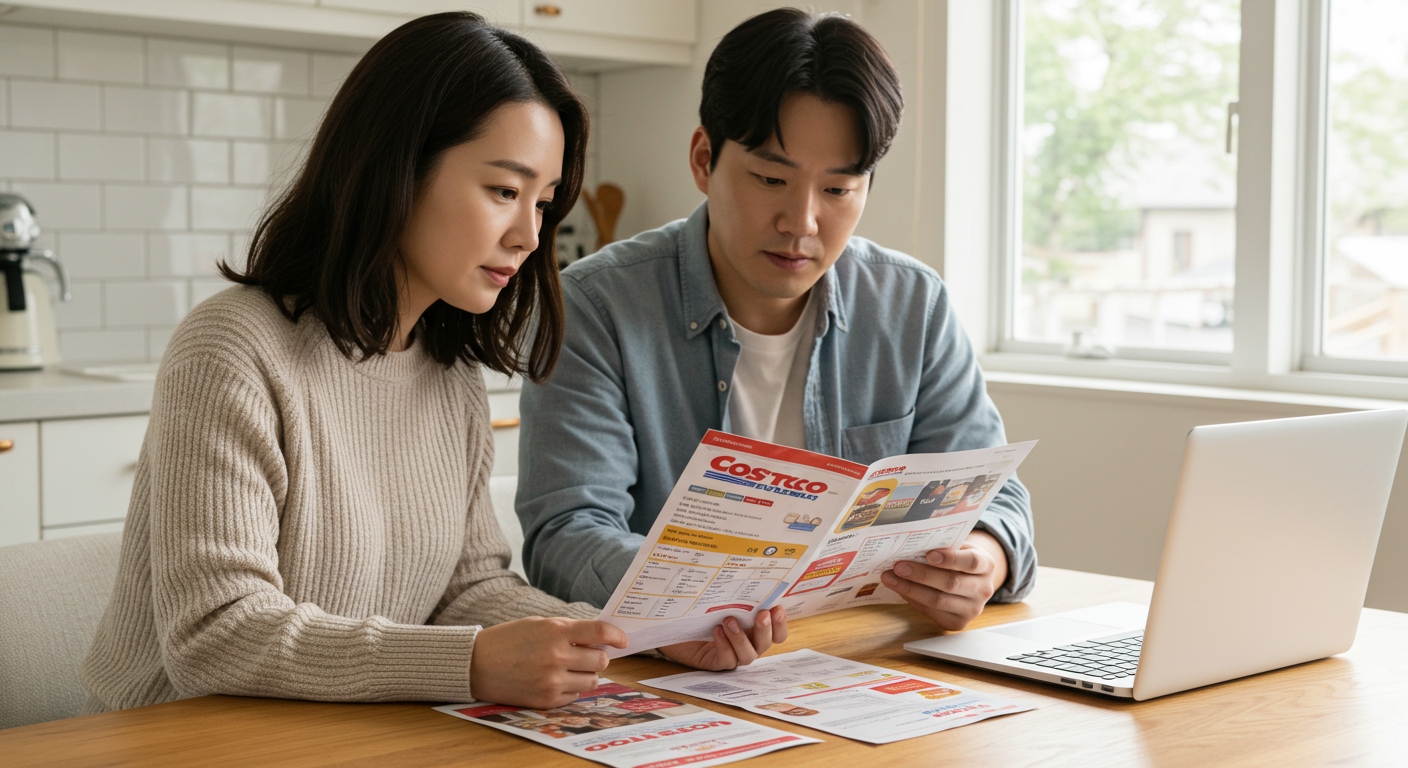 주방 테이블에서 코스트코 회원권 옵션을 논의하는 커플