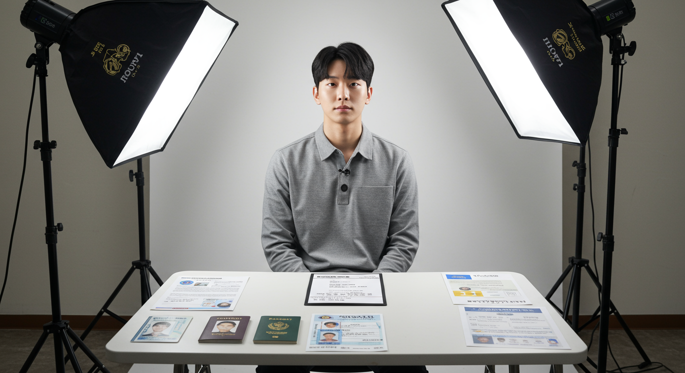 사진관에서 운전면허증용 사진 촬영을 준비하는 남성의 모습