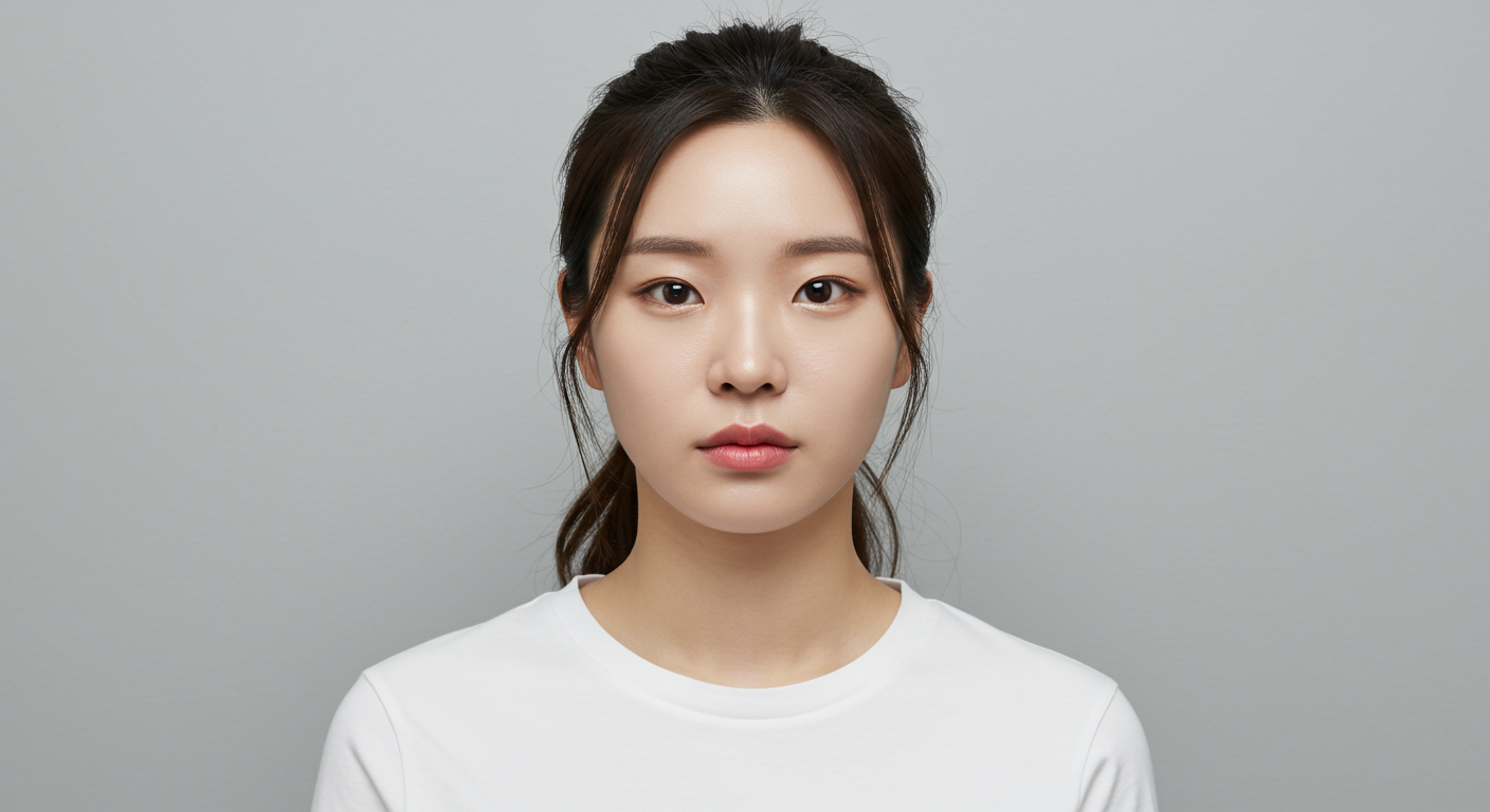 카메라 앞에 앉아 정면으로 응시하며 중립적인 표정을 유지하는 여성의 모습