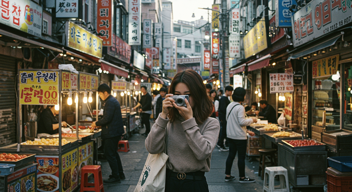 서울 거리에서 컴팩트 카메라로 일상을 촬영하는 여성