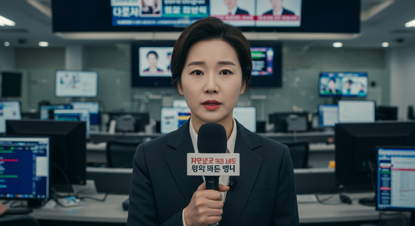 현대적인 뉴스룸에서 정치 스캔들을 보도하는 기자 모습