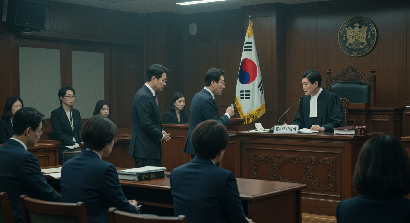 법정에서 고위급 정치인에 대한 논란을 논의하는 장면