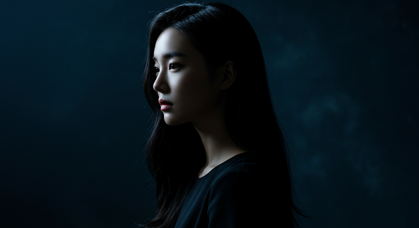 그림자 속에 가려진 채 신비로운 분위기를 풍기는 여성