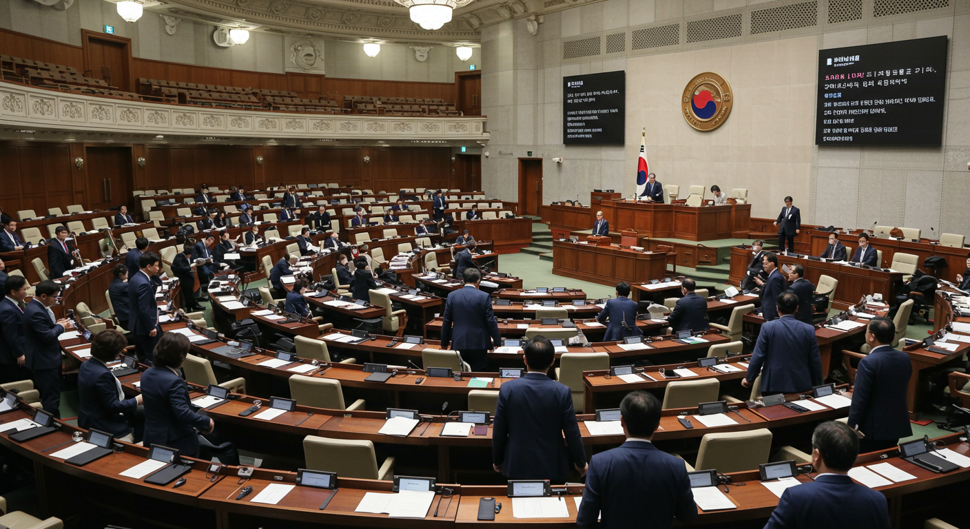 한국 국회의 열띤 토론 장면 및 집중된 표정을 가진 인물들
