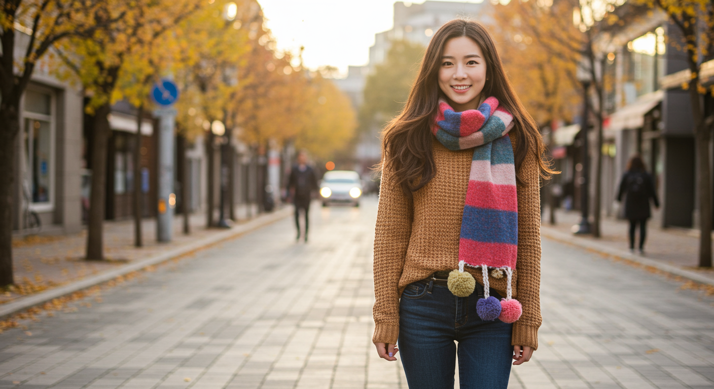 도시 거리에서 봉봉 장식이 달린 스카프를 착용한 여성