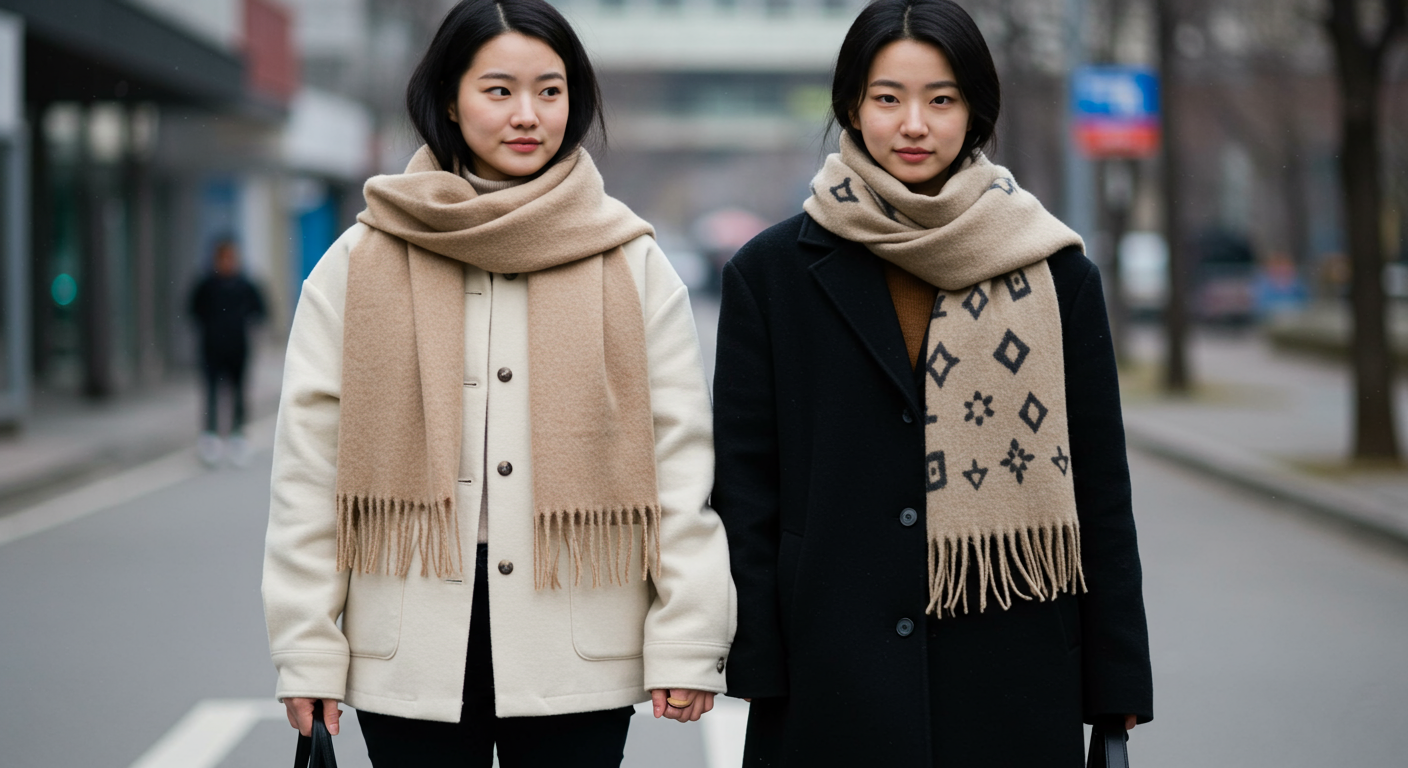 커플이 서로 다른 스타일로 오버사이즈 봉통 스카프로 코디
