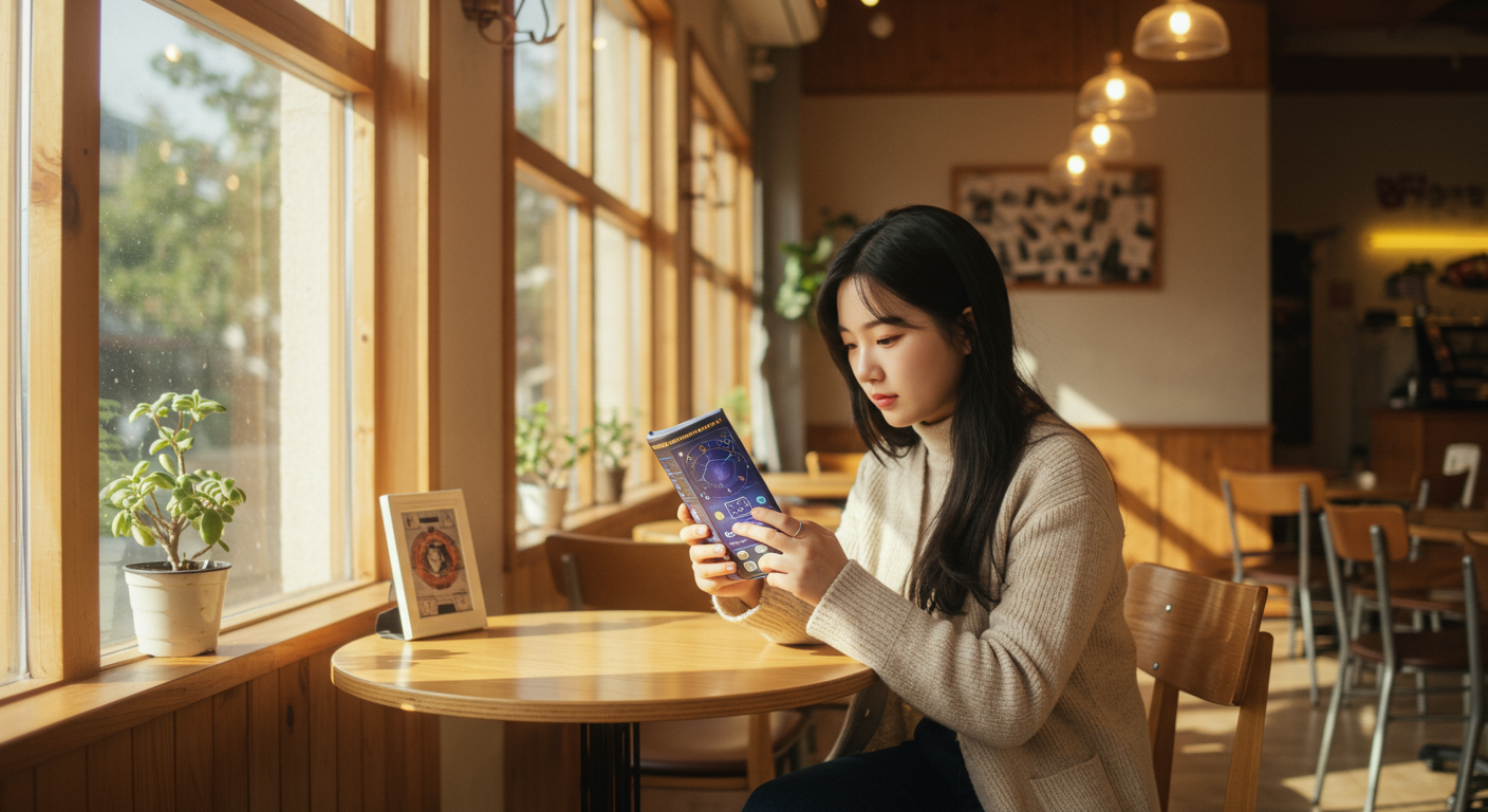 카페에서 스마트폰으로 개인화된 별자리 운세를 보는 젊은 여성의 모습