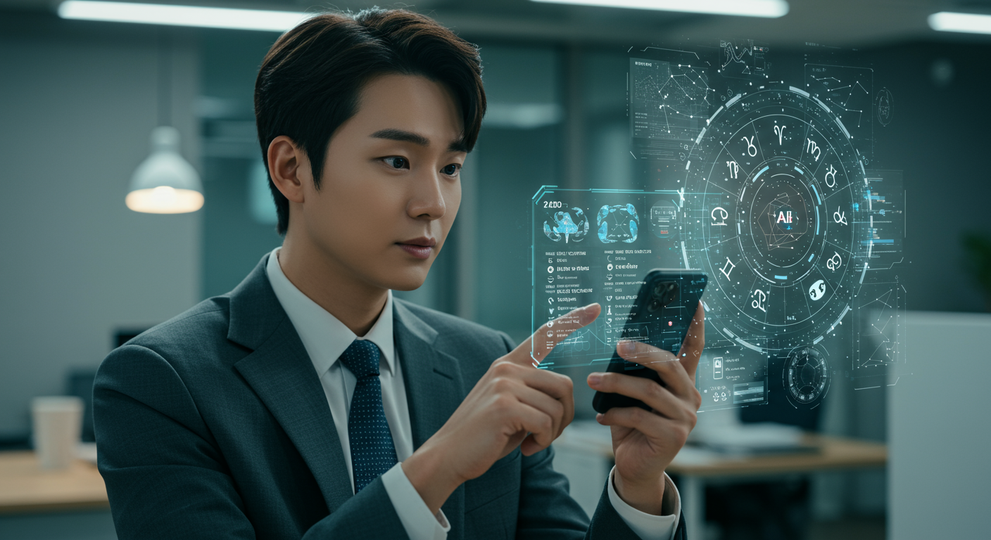 직장에서 AI 기반 운세 앱을 사용하는 한국인 사무직원의 모습과 디지털 점성술 인터페이스