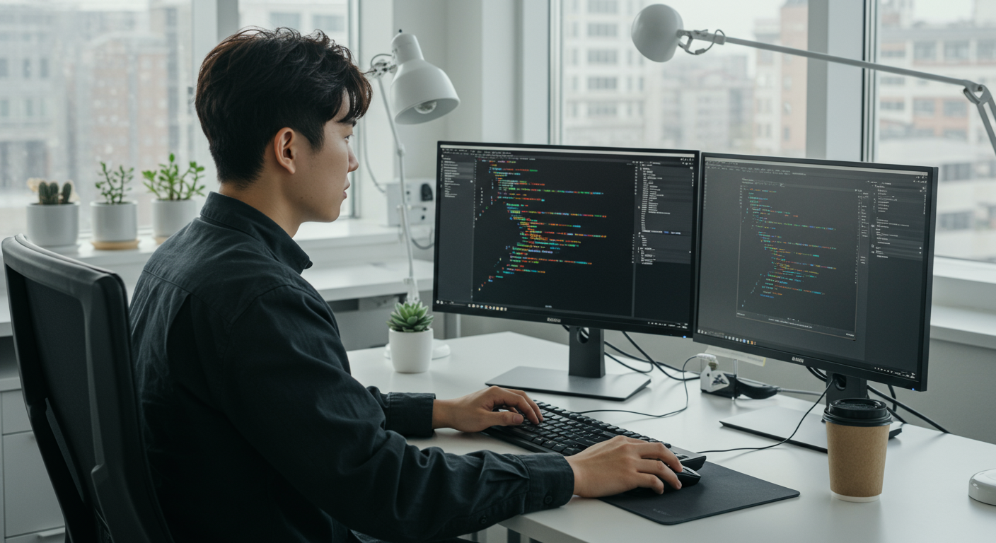 현대적인 작업 공간에서 OpenAI API로 점성술 앱을 개발 중인 젊은 개발자