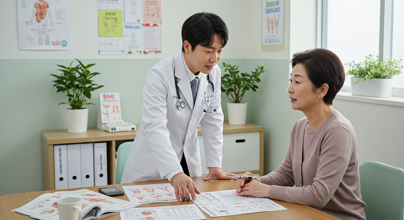 병원 진료실에서 환자와 함께 BMI 계산과 건강 상태를 상담하는 의사