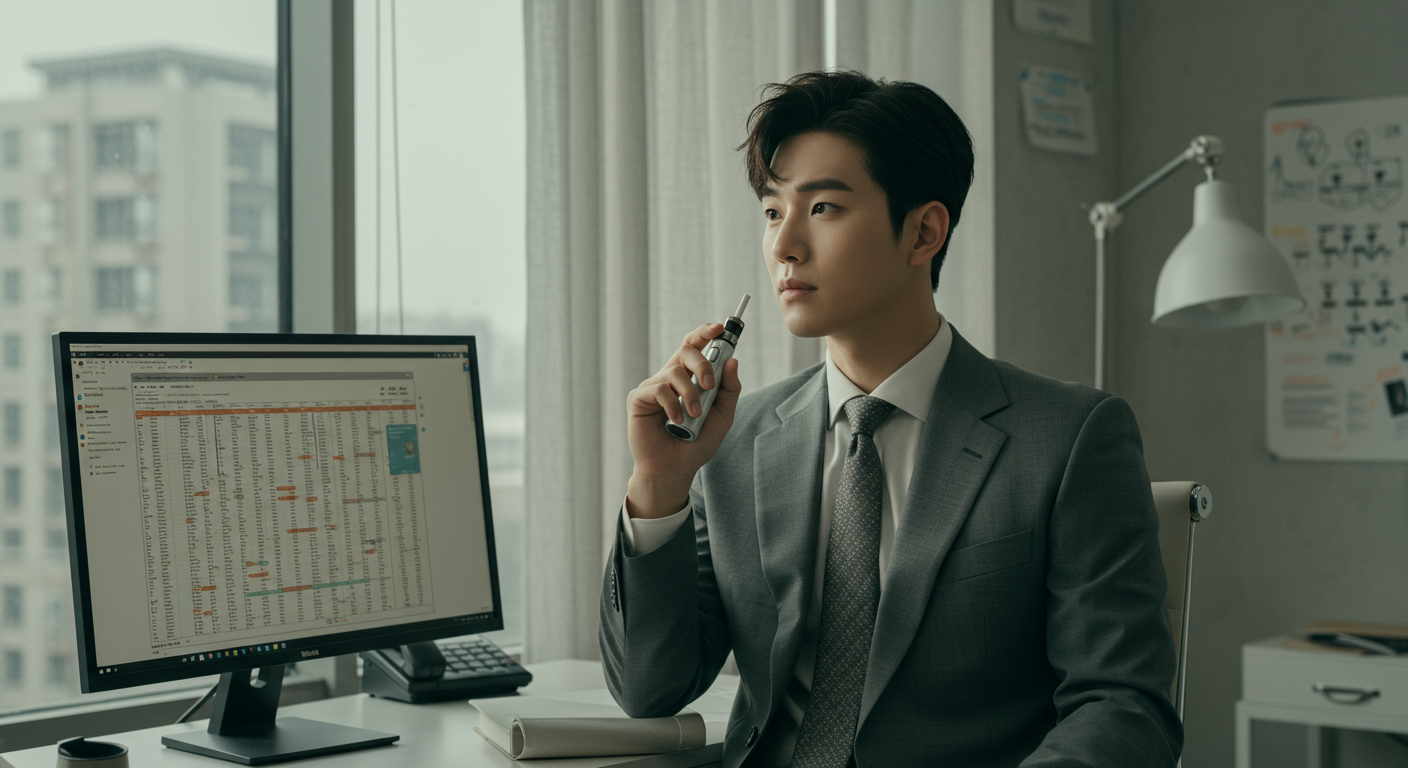현대적인 사무실에서 니코틴 없는 전자담배를 들고 있는 남성