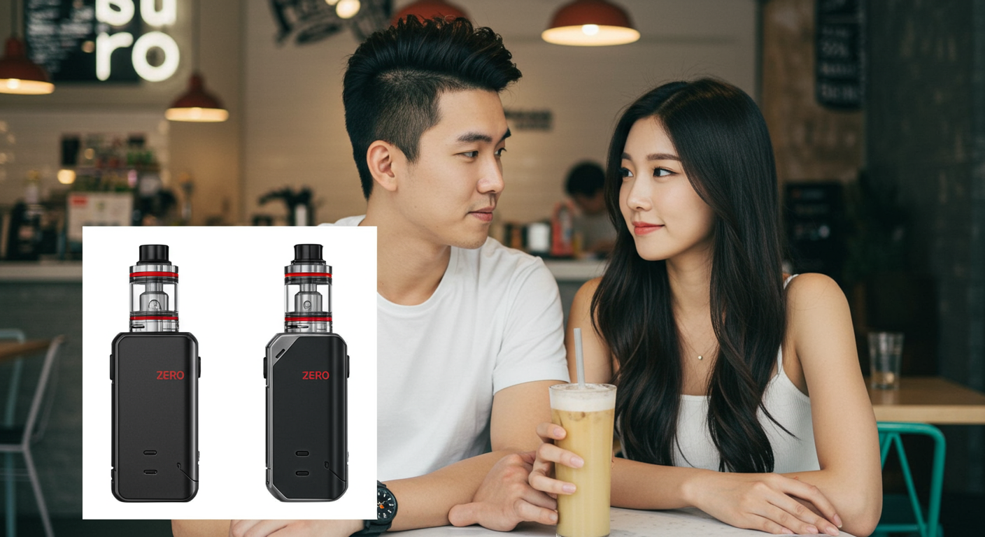 카페에서 레딜 제로 전자담배를 사용하는 젊은 커플
