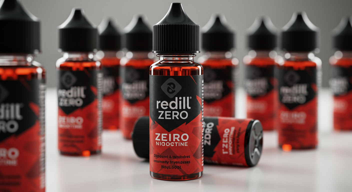 무니코틴 표시가 돋보이는 레딜 제로 액상 병 클로즈업