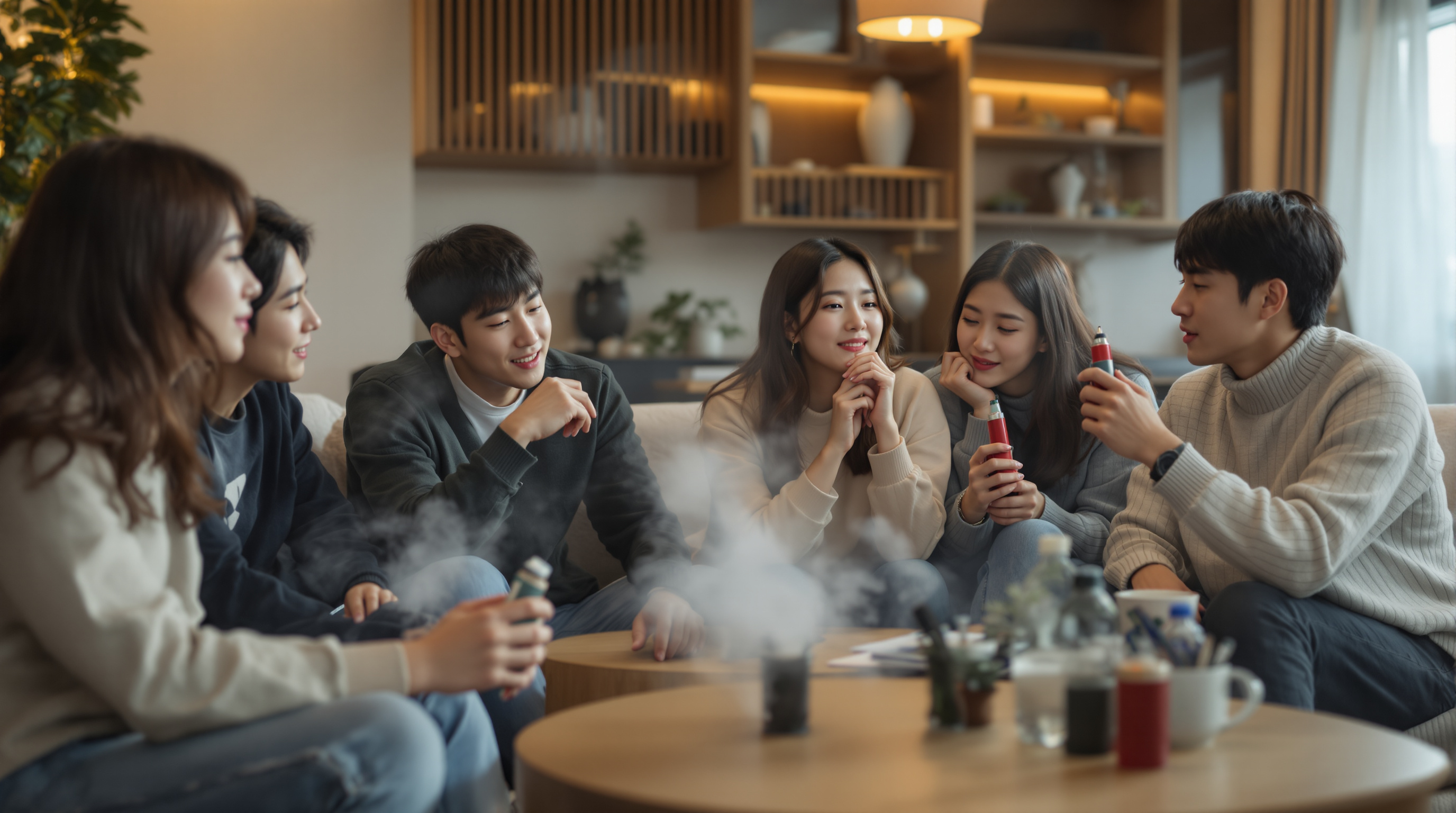 거실에서 레딜 제로 사용 경험을 나누는 젊은이들 모임