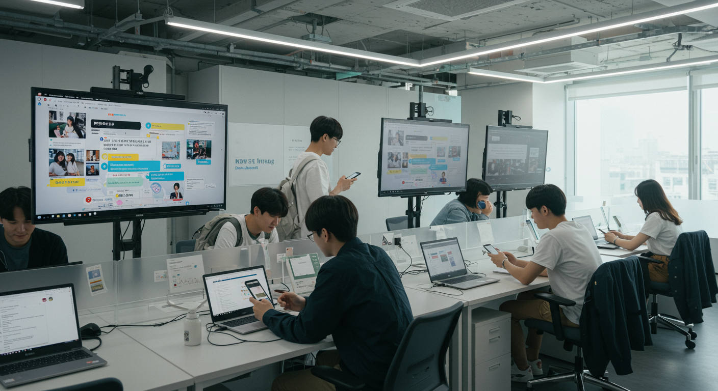 현대적 사무 공간에서 스마트폰과 노트북을 사용하는 직장인들, 화면에 활발한 온라인 토론
