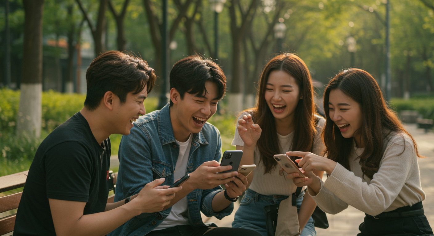 도시 공원에서 휴대폰으로 밈을 공유하며 웃고 있는 젊은이들