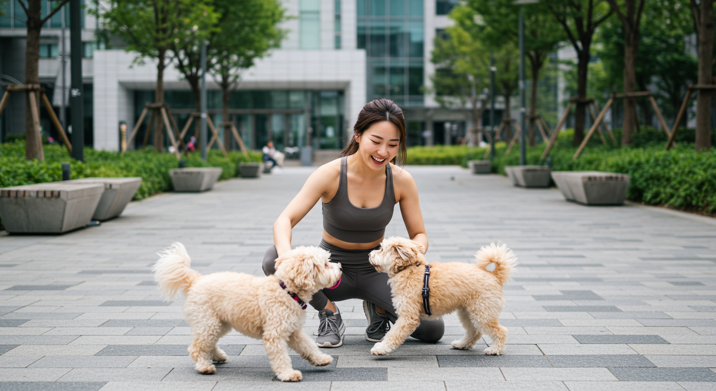현대적인 도시 공원에서 젊은 여성과 함께 뛰노는 두 마리의 하바네즈 믹스견