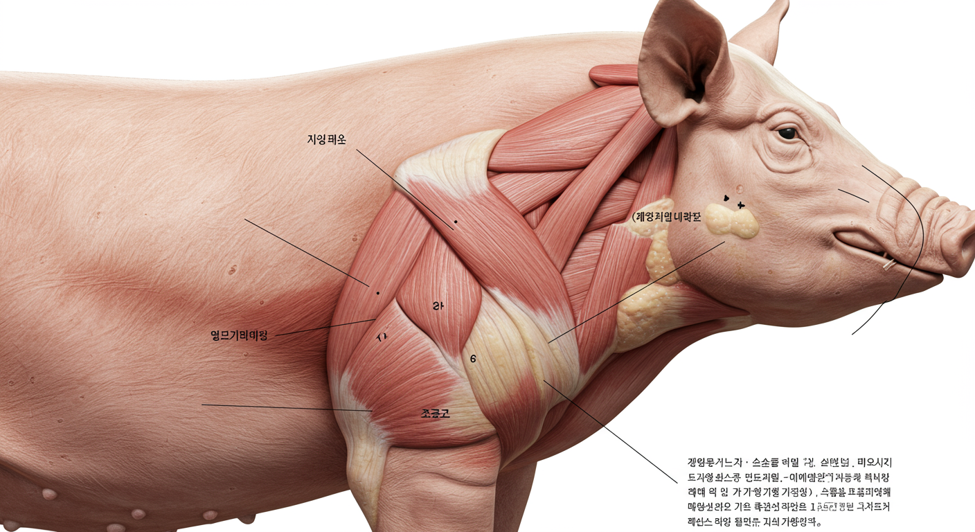 돼지 해부도에서 목과 어깨 사이에 위치한 항정살 부분을 강조한 이미지