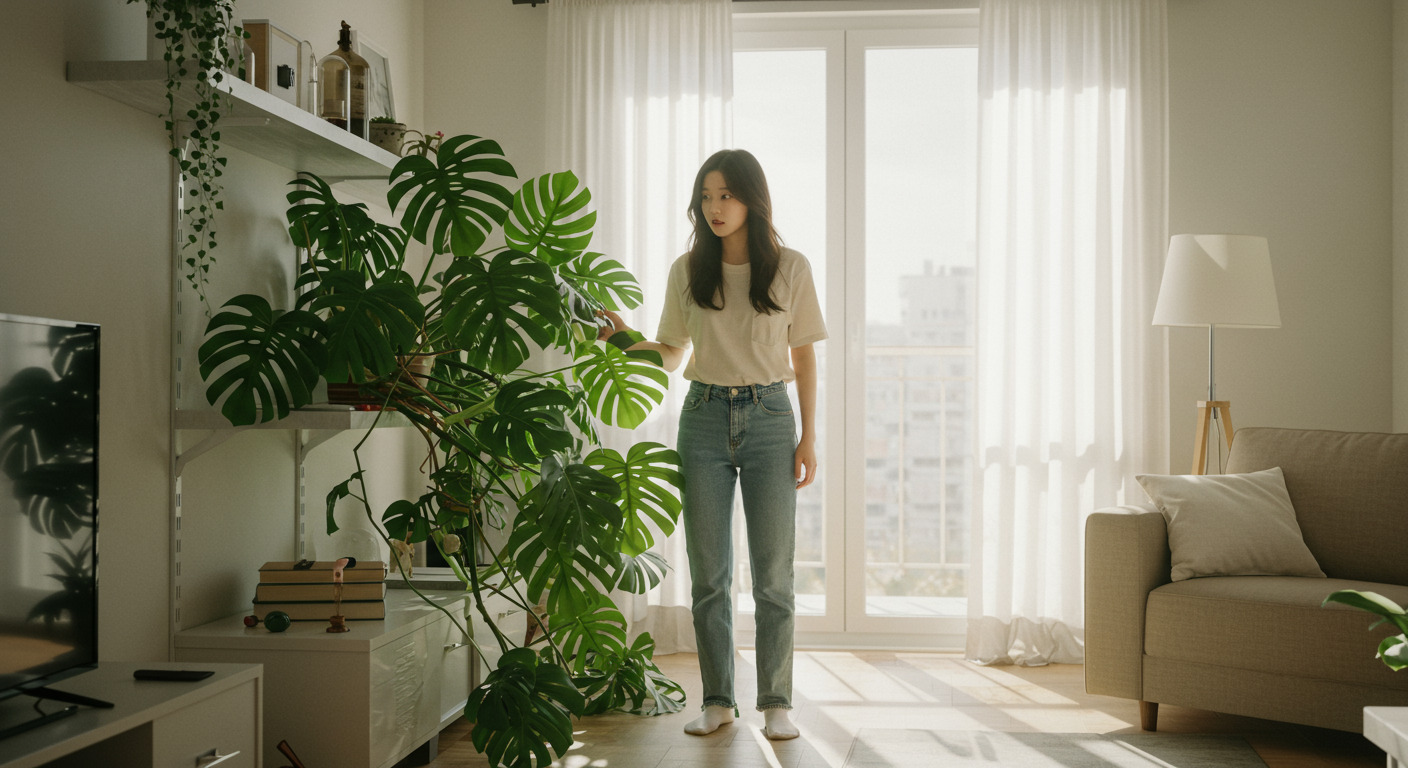 현대식 아파트에서 무성한 몬스테라를 바라보는 여성