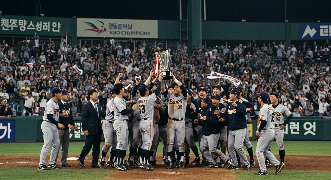 1999년 KBO 챔피언십에서 우승 트로피를 들고 있는 선수들