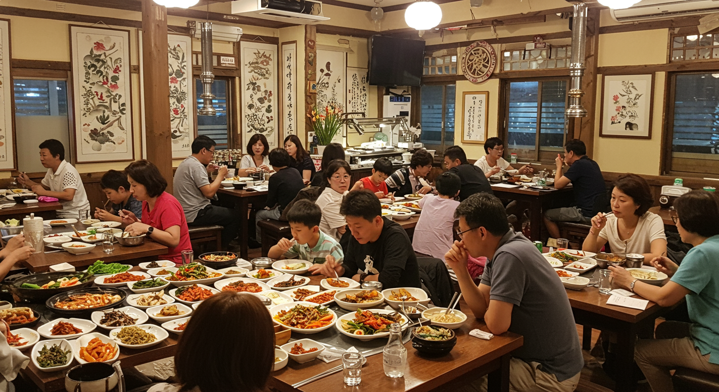 인천의 한 아늑한 식당에서 대가족들이 함께 식사하는 모습