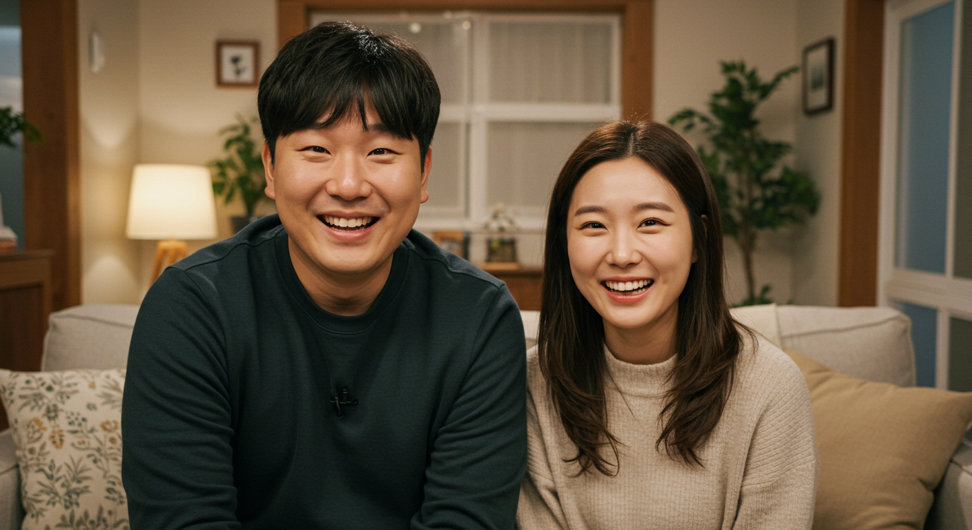 한국 코미디언 부부가 집에서 웃으며 카메라를 바라보는 모습