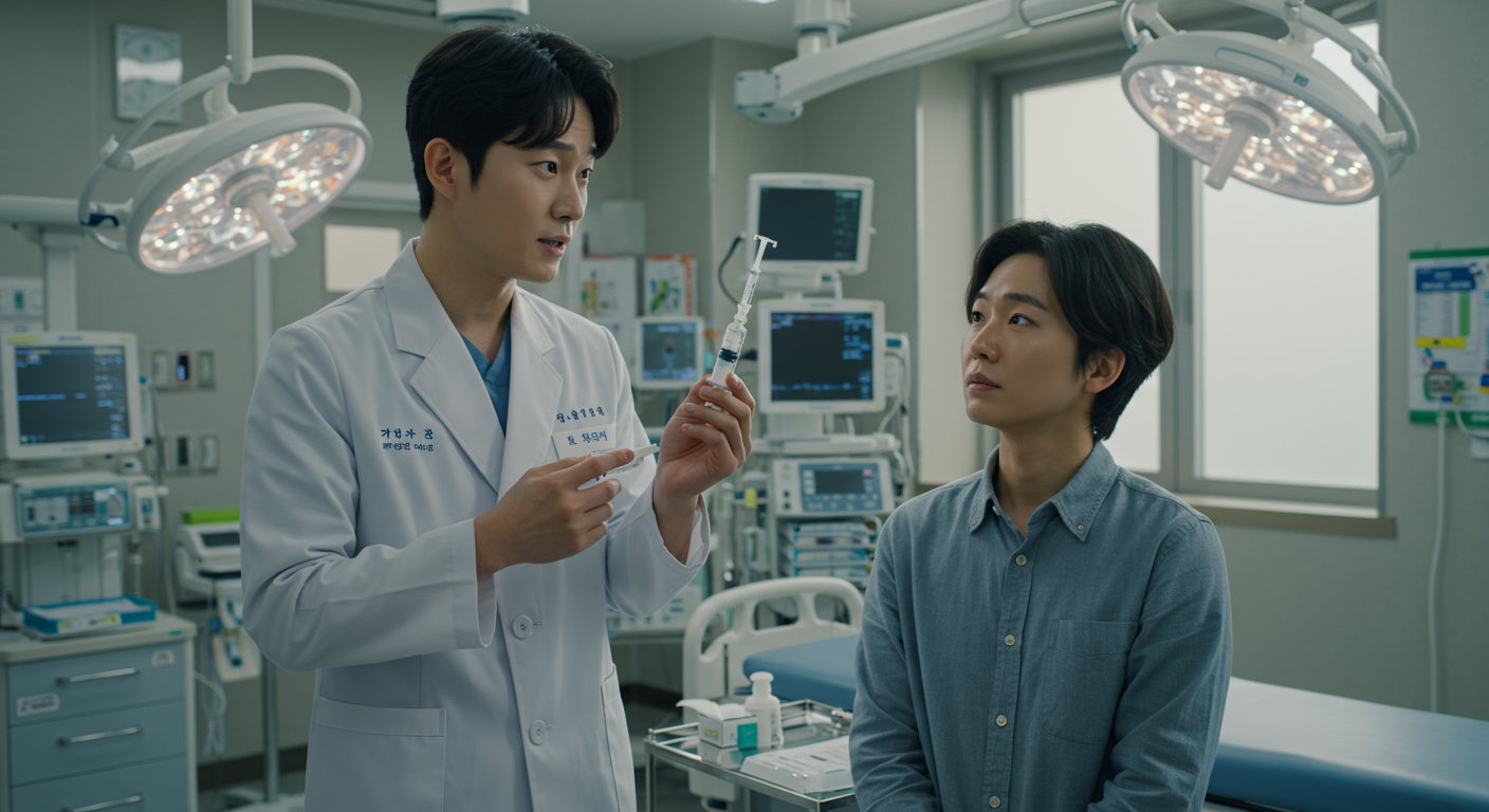 현대 병원에서 의사가 알부민 주사를 들고 환자와 비용에 대해 이야기하는 모습