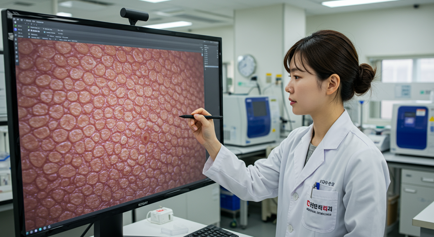 한국인 연구자가 현대적인 실험실에서 디지털 화면을 통해 어린선의 비늘 같은 피부 질환을 연구하는 모습