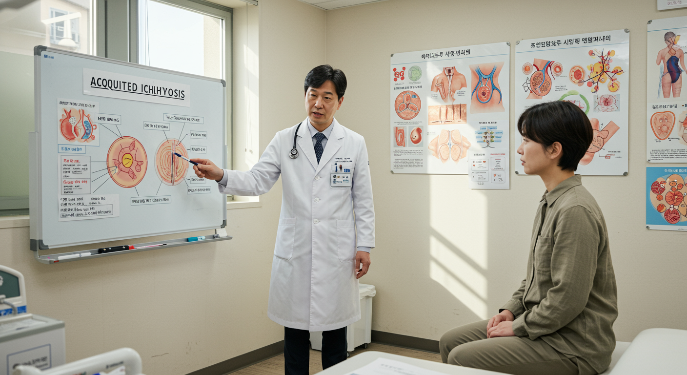 클리닉 환경에서 후천성 어린선을 환자와 논의하고 있는 한국인 의사의 모습과 벽에 관련 질병 다이어그램이 있는 장면